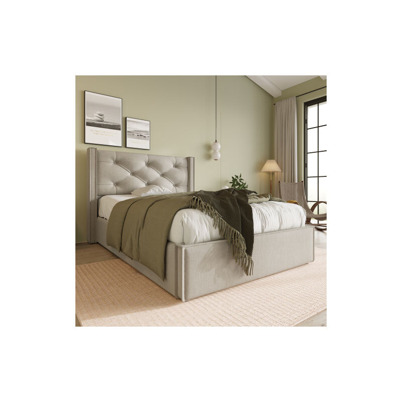 Liberté - Lit simple rembourré avec coffre hydraulique de rangement 90x200cm, sommier à lattes moderne, coton, gris clair