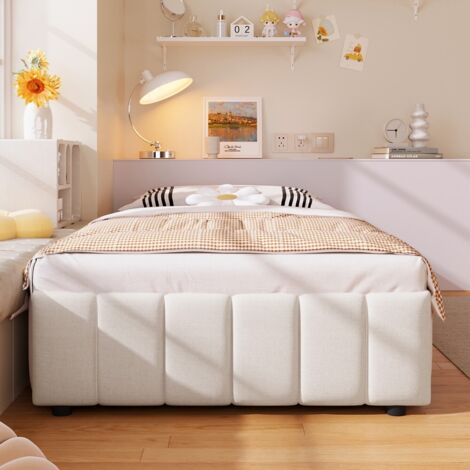 Lit simple rembourré avec rangement hydraulique-sans tête de lit-beige-91x201x32(cm)-Sans Matelas
