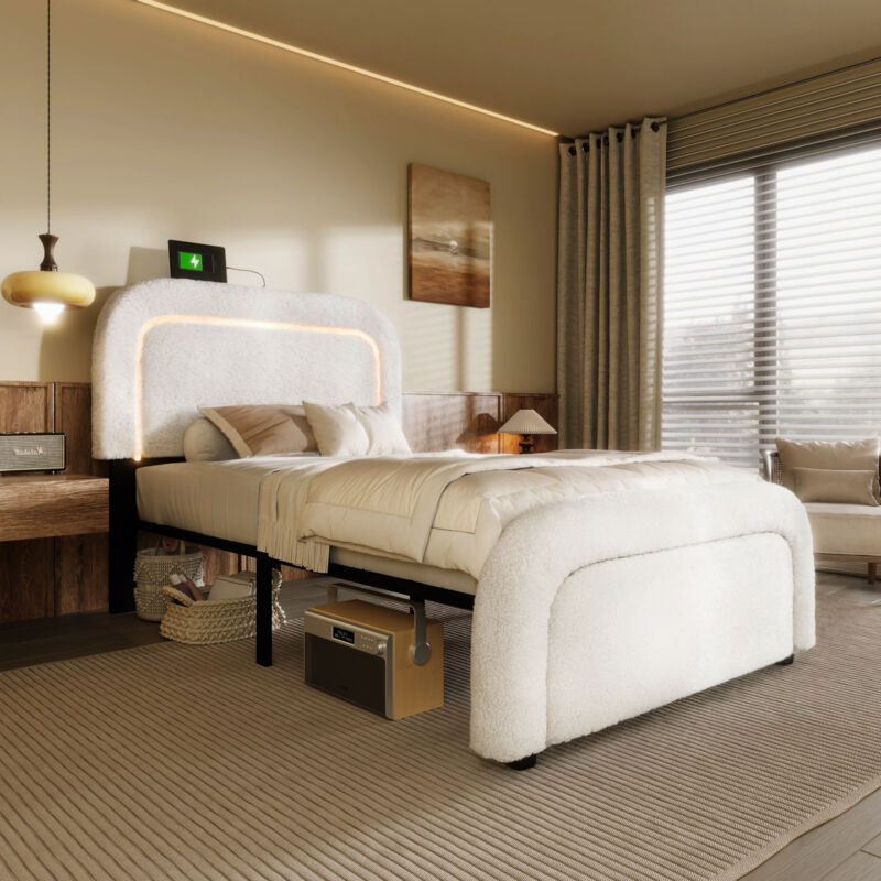 Modernluxe - Lit simple rembourré en sherpa - 90x200cm - avec led et ports de charge - Blanc