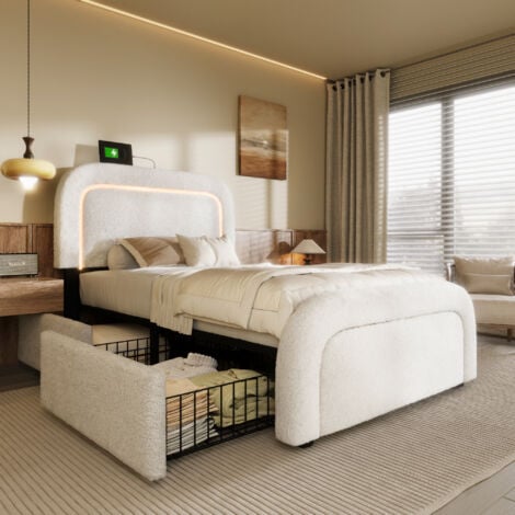 MODERNLUXE Lit simple rembourré en sherpa avec 2 tiroirs - 90x200cm - avec LED et ports de charge - Blanc