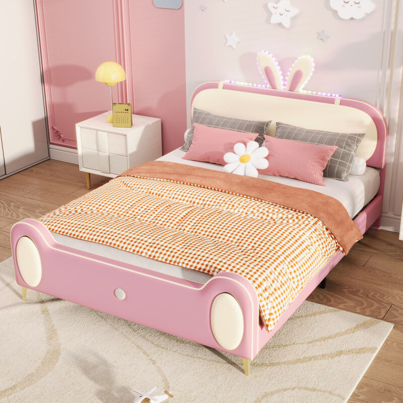 Wishdor - Lit enfant capitonné Lit double 140 x 200 cm avec led et tête de lit lapin, cuir pu, beige et rose, sans matelas