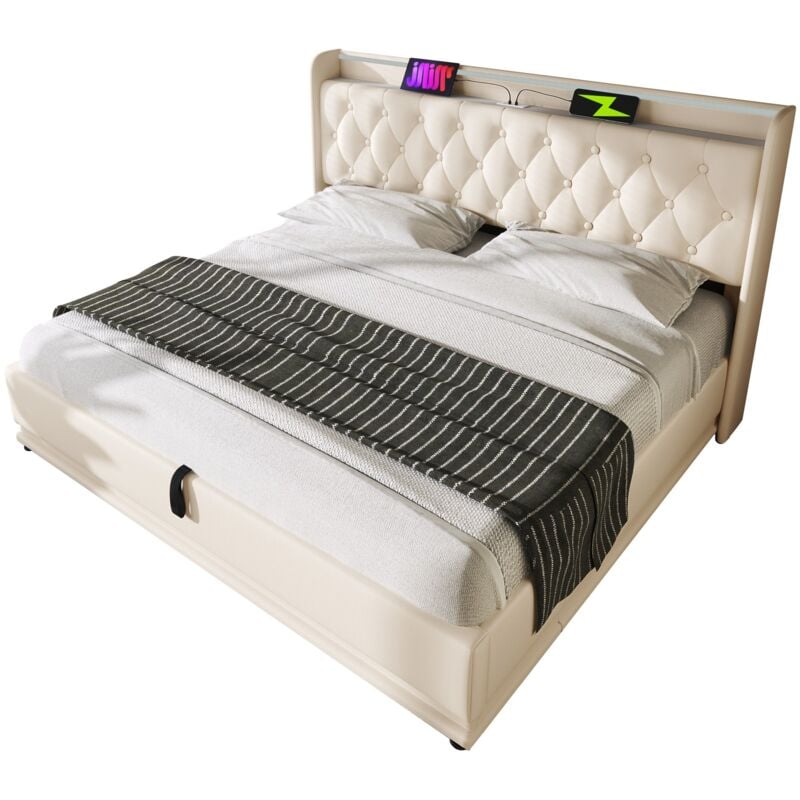 Gutent - Lit simple rembourré, fonction led 360 surround, blanc, matériau pu, avec fonction de recharge usb Type-C- 140x200 cm