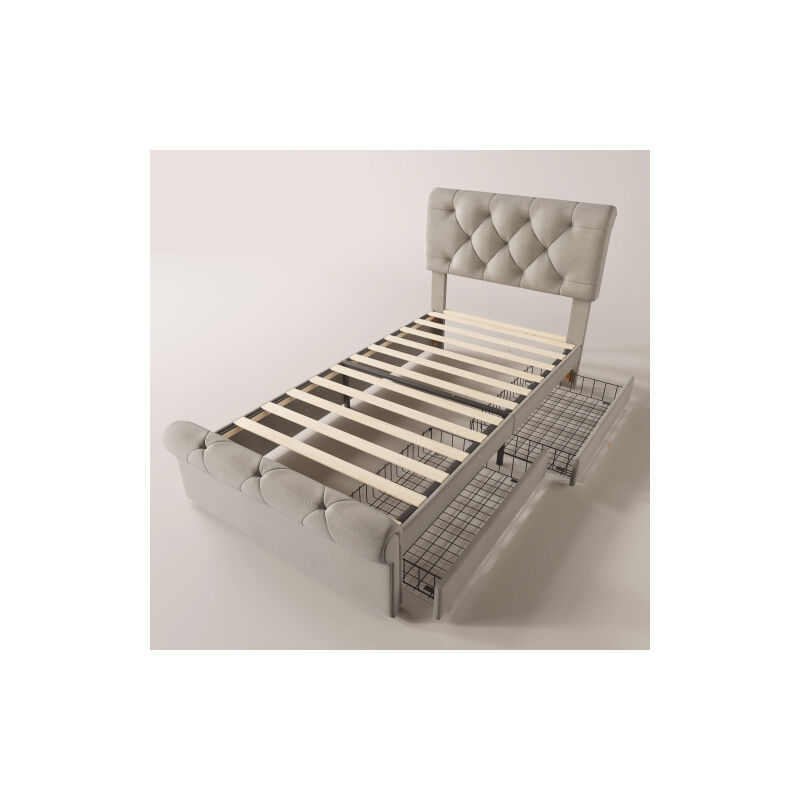 Lit simple rembourré , tête de lit réglable en hauteur, lit fonctionnel Chesterfield, naturel,sans matelas-90x200cm