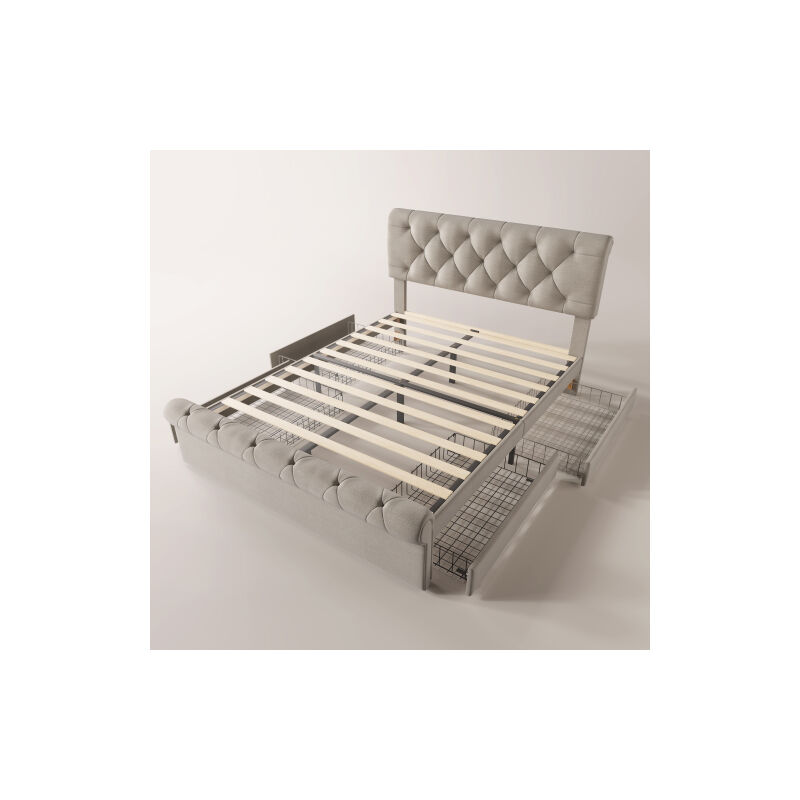 Lit simple rembourré , tête de lit réglable en hauteur, lit fonctionnel Chesterfield, naturel,sans matelas-140x200cm