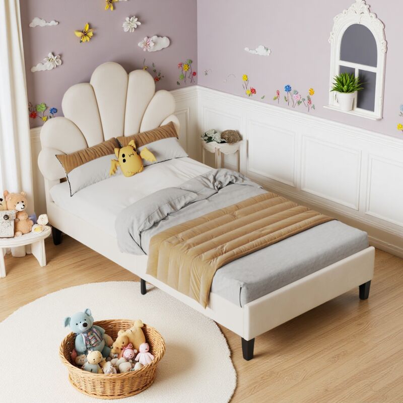 Lit Simple Rembourrée 90 x 200 cm, Lit Enfant, Lit Princesse avec Tête de Lit Pétale, Lit Bulle avec Sommier à Lattes, Velours, Beige