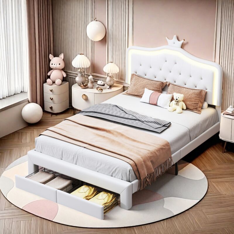 Lit simple avec rangement 140x200cm, tête de lit princesse couronne avce Éclairage led et 2 tiroirs, sommier à lattes, lit fille, simili cuir - Blanc