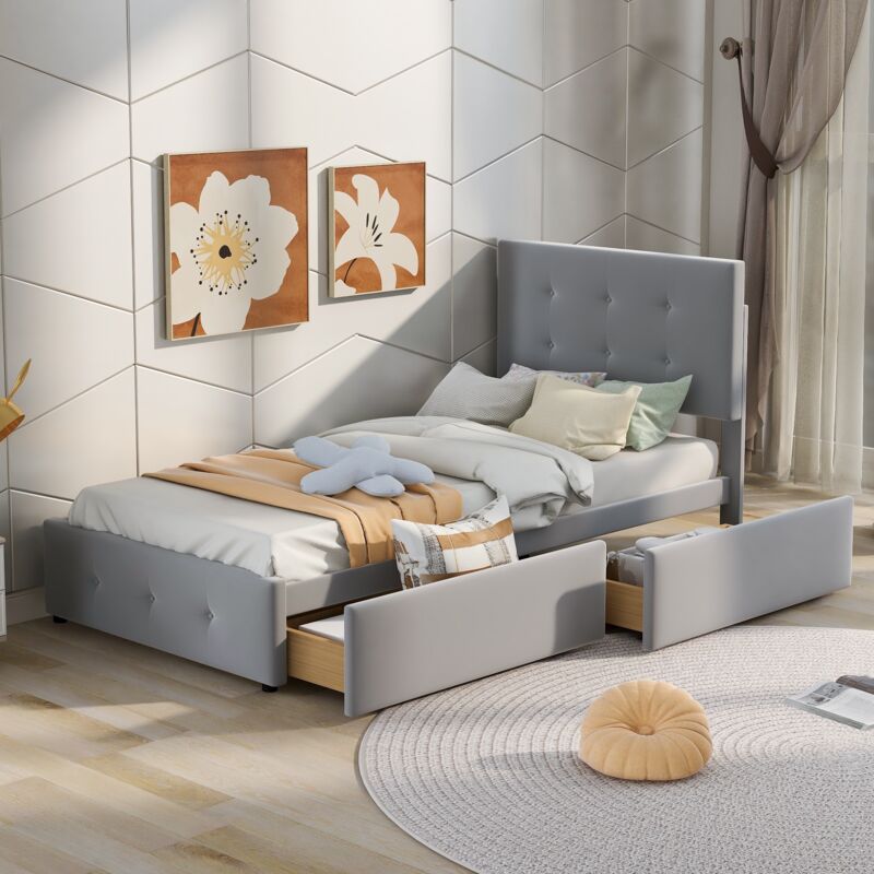 Lit avec tiroirs 90x200cm, lit simple avec 2 tiroirs, sommier à lattes en bois, tête de lit réglable en hauteur, velours, Gris