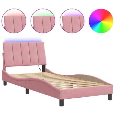 Lit simple，Lit adulte，Cadre de lit avec LED sans matelas Hanko rose 90x190 cm velours CFW8873172
