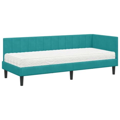 Lit simple，Lit adulte，Cadre de lit d'angle avec matelas Turquoise 80 x 200 cm Velours CFW1369659