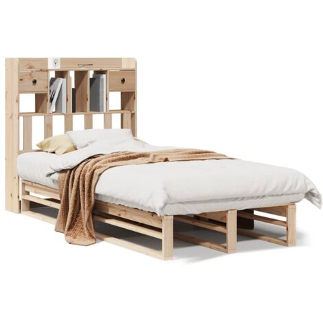 Lit simple，Lit adulte，Lit bibliothèque sans matelas 90x200 cm bois de pin massif CFW55492