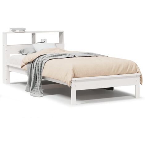 Lit simple，Lit adulte，Lit bibliothèque sans matelas blanc 100x200 cm bois pin massif CFW31363