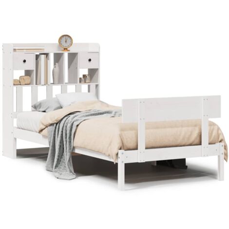 Lit simple，Lit adulte，Lit bibliothèque sans matelas blanc 75x190cm bois de pin massif CFW161210