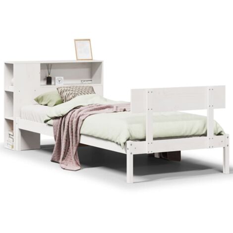 Lit simple，Lit adulte，Lit bibliothèque sans matelas blanc 75x190cm bois de pin massif CFW1855214