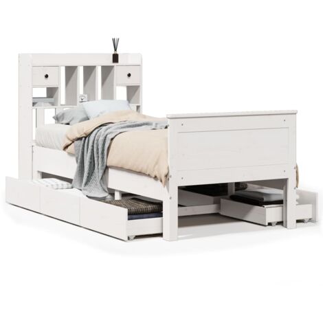 Lit simple，Lit adulte，Lit bibliothèque sans matelas blanc 75x190cm bois de pin massif CFW216497