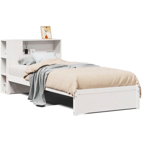 Lit simple，Lit adulte，Lit bibliothèque sans matelas blanc 75x190cm bois de pin massif CFW33954
