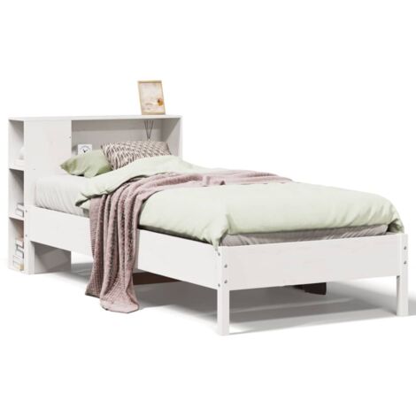 Lit simple，Lit adulte，Lit bibliothèque sans matelas blanc 75x190cm bois de pin massif CFW34004