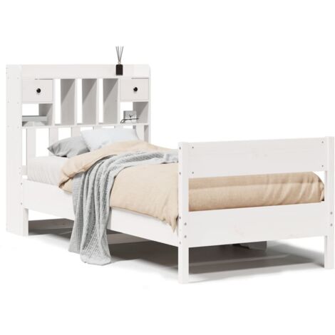 Lit simple，Lit adulte，Lit bibliothèque sans matelas blanc 75x190cm bois de pin massif CFW37818