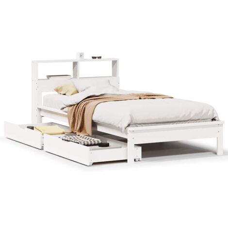 Lit simple，Lit adulte，Lit bibliothèque sans matelas blanc 75x190cm bois de pin massif CFW38084