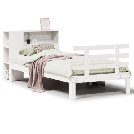 Lit simple，Lit adulte，Lit bibliothèque sans matelas blanc 75x190cm bois de pin massif CFW4970808