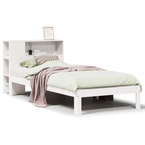 Lit simple，Lit adulte，Lit bibliothèque sans matelas blanc 75x190cm bois de pin massif CFW54109