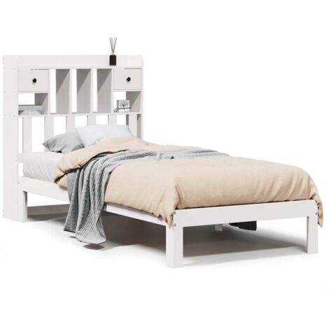 Lit simple，Lit adulte，Lit bibliothèque sans matelas blanc 75x190cm bois de pin massif CFW66832