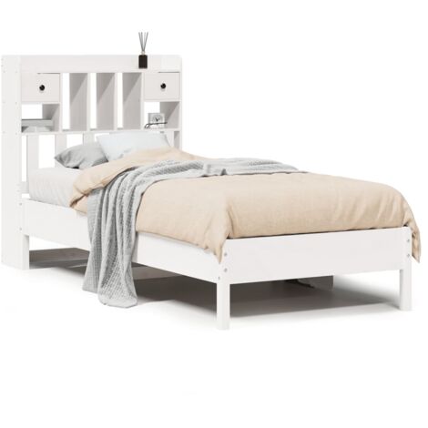 Lit simple，Lit adulte，Lit bibliothèque sans matelas blanc 75x190cm bois de pin massif CFW67821