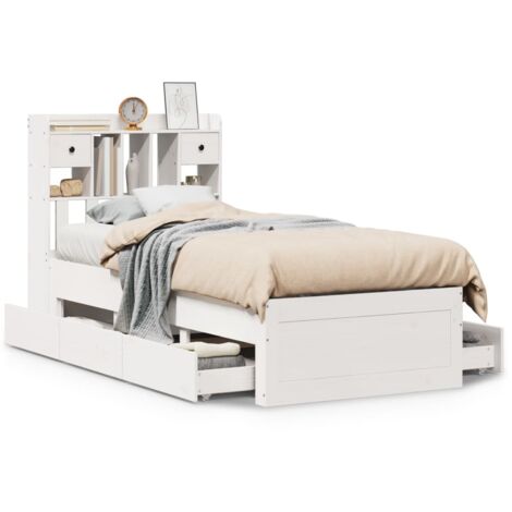 Lit simple，Lit adulte，Lit bibliothèque sans matelas blanc 75x190cm bois de pin massif CFW69644