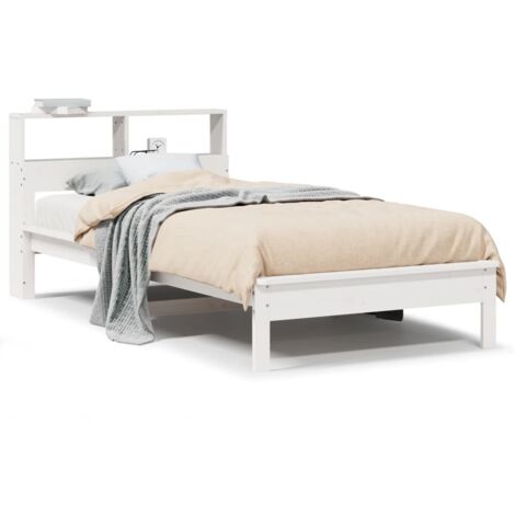 Lit simple，Lit adulte，Lit bibliothèque sans matelas blanc 75x190cm bois de pin massif CFW82435