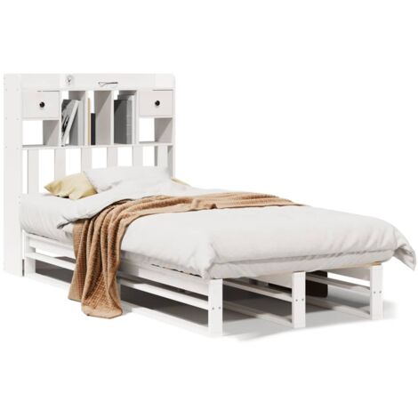 Lit simple，Lit adulte，Lit bibliothèque sans matelas blanc 75x190cm bois de pin massif CFW93386