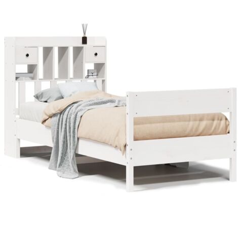 Lit simple，Lit adulte，Lit bibliothèque sans matelas blanc 90x190cm bois de pin massif CFW47725