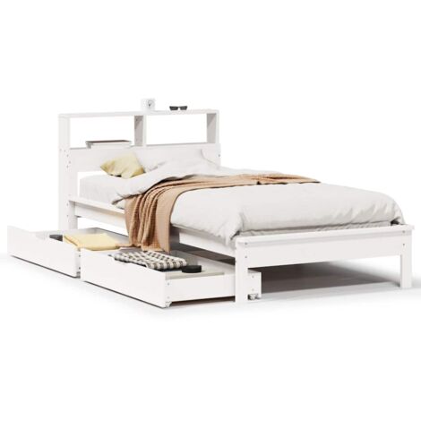 Lit simple，Lit adulte，Lit bibliothèque sans matelas blanc 90x190cm bois de pin massif CFW64844
