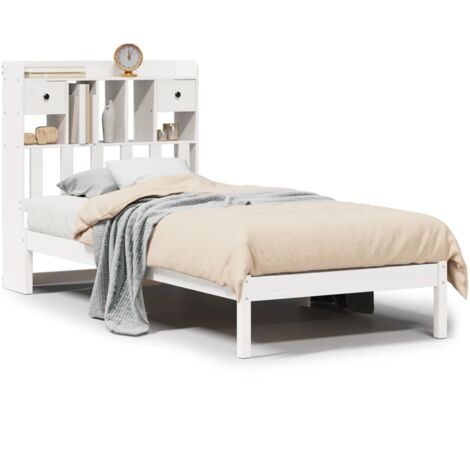 Lit simple，Lit adulte，Lit bibliothèque sans matelas blanc 90x190cm bois de pin massif CFW66107