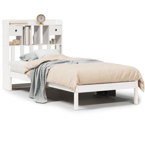 Lit simple，Lit adulte，Lit bibliothèque sans matelas blanc 90x200cm bois de pin massif CFW22205