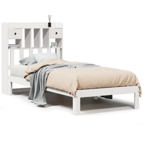 Lit simple，Lit adulte，Lit bibliothèque sans matelas blanc 90x200cm bois de pin massif CFW32261