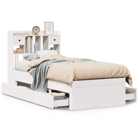 Lit simple，Lit adulte，Lit bibliothèque sans matelas blanc 90x200cm bois de pin massif CFW42301