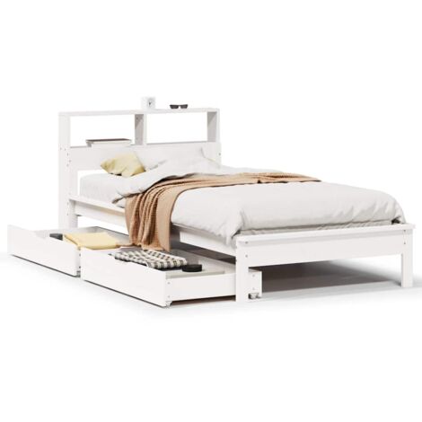 Lit simple，Lit adulte，Lit bibliothèque sans matelas blanc 90x200cm bois de pin massif CFW69853