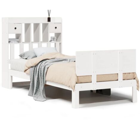 Lit simple，Lit adulte，Lit bibliothèque sans matelas blanc 90x200cm bois de pin massif CFW781764