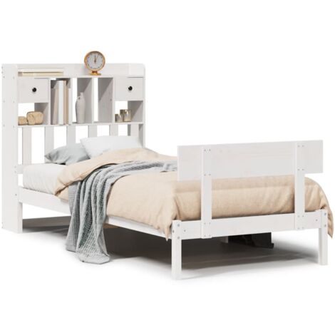 Lit simple，Lit adulte，Lit bibliothèque sans matelas blanc 90x200cm bois de pin massif CFW975049