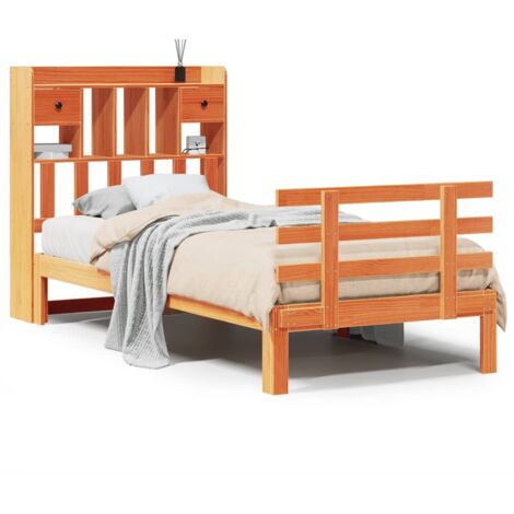 Lit simple，Lit adulte，Lit bibliothèque sans matelas cire marron 100x200 cm pin massif CFW157376
