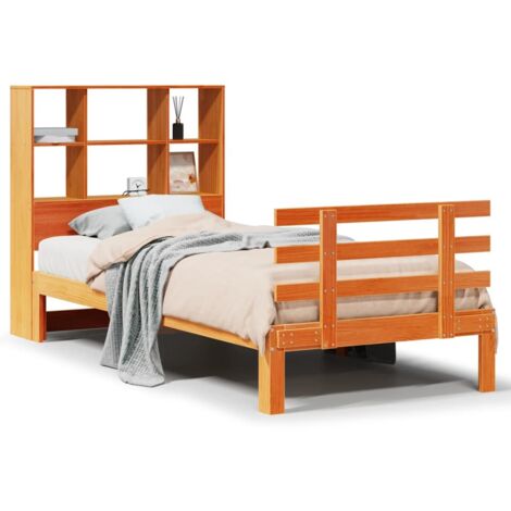 Lit simple，Lit adulte，Lit bibliothèque sans matelas cire marron 100x200 cm pin massif CFW237416