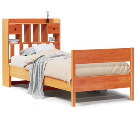 Lit simple，Lit adulte，Lit bibliothèque sans matelas cire marron 100x200 cm pin massif CFW24682