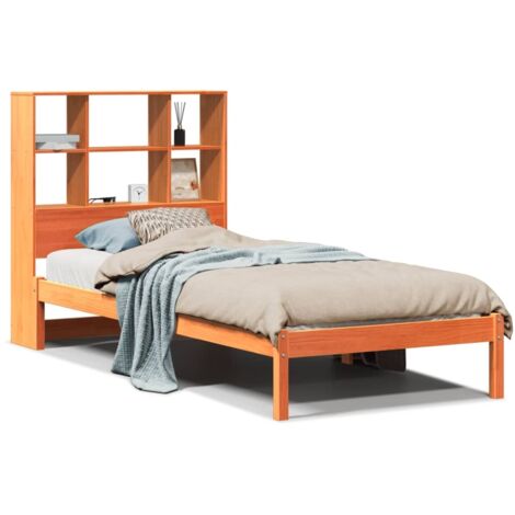 Lit simple，Lit adulte，Lit bibliothèque sans matelas cire marron 100x200 cm pin massif CFW25278