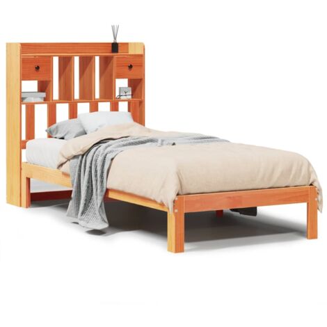 Lit simple，Lit adulte，Lit bibliothèque sans matelas cire marron 100x200 cm pin massif CFW35448