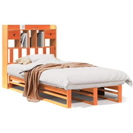Lit simple，Lit adulte，Lit bibliothèque sans matelas cire marron 100x200 cm pin massif CFW40505