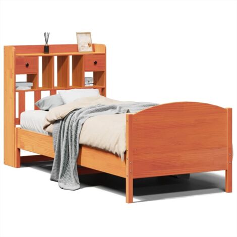 Lit simple，Lit adulte，Lit bibliothèque sans matelas cire marron 100x200 cm pin massif CFW418164