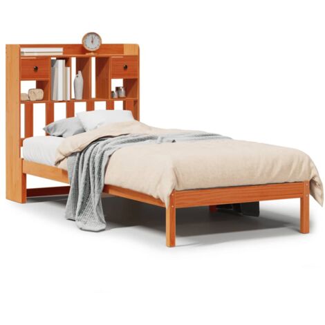 Lit simple，Lit adulte，Lit bibliothèque sans matelas cire marron 100x200 cm pin massif CFW59408