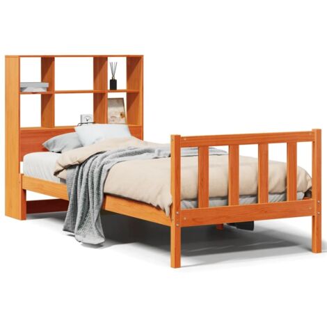 Lit simple，Lit adulte，Lit bibliothèque sans matelas cire marron 100x200 cm pin massif CFW594663