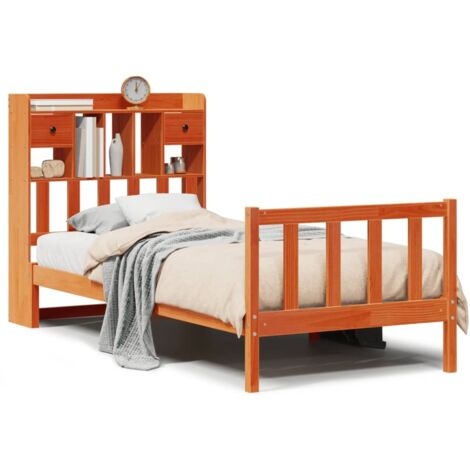 Lit simple，Lit adulte，Lit bibliothèque sans matelas cire marron 100x200 cm pin massif CFW628288