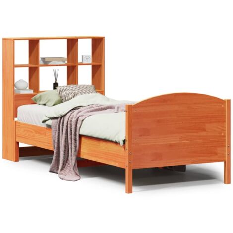 Lit simple，Lit adulte，Lit bibliothèque sans matelas cire marron 100x200 cm pin massif CFW997725