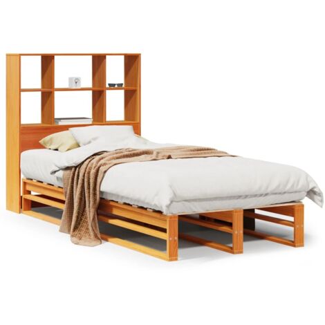 Lit simple，Lit adulte，Lit bibliothèque sans matelas cire marron 100x200cm bois massif CFW46918